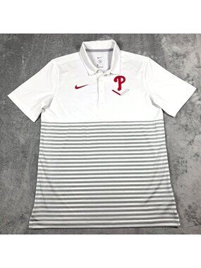 Philadelphia Phllies Polo Mens Medium White Gray Striped Nike Home Plate Shirt